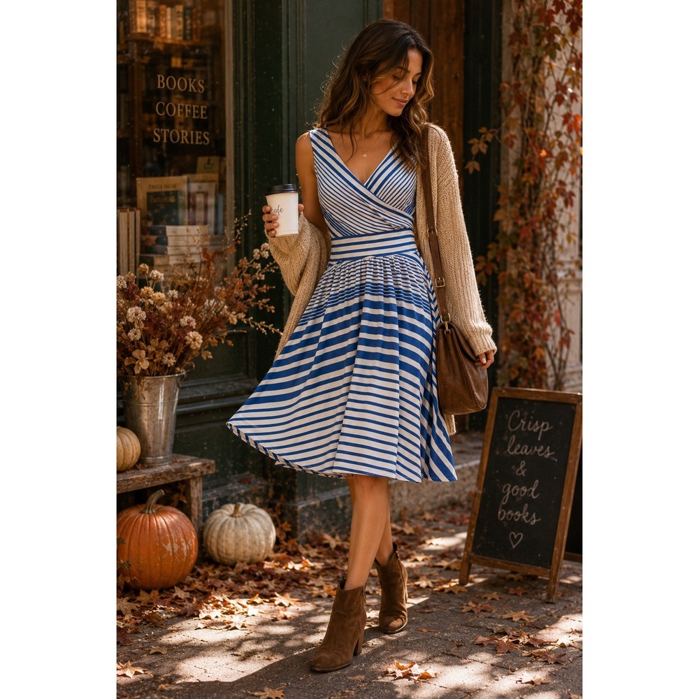 Maeve Anthropologie Blue White Striped Sleeveless Faux Wrap Dress Medium M